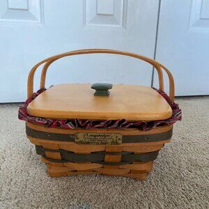 Longaberger 1993 Bayberry Basket Green Lid Plaid Tidings Liner Protector MARKS